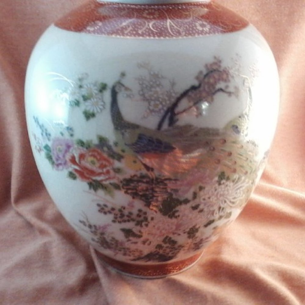 Vintage Satsuma Vase featuring peacock and flowers